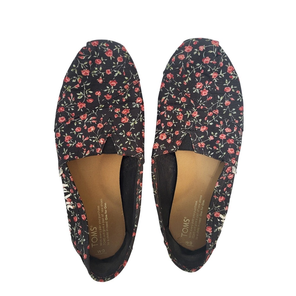 TOMS Womens 9 Alpargata Black Floral La Vie est Belle Canvas Slip On Flats Shoes
